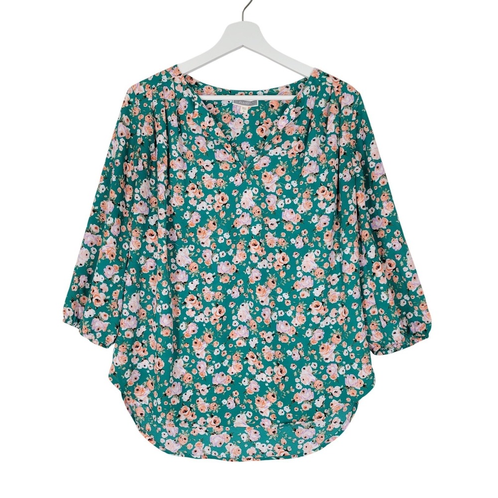 Pleione Floral Blouse Womens Size M Green 3/4 Sleeve V-Neck High-Low